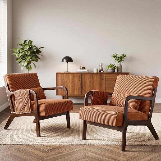 DUMOS Accent Chairs Set of 2, Mid Century Modern Accent Chair with Lumbar Pillow and Solid Wood Frame, Upholstered Armchair Reading Chair for Living Room, Bedroom, Orange
