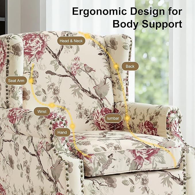 Wingback Chair, High Back Floral Accent Chair in Fabric, Comfy Upholstered Armchair with Nailhead Trim for Living Room, Single Sofa Reading Chair for Small Spaces, Bedroom-Floral Beige