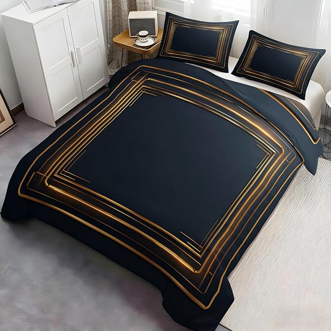 Gold Geometric Duvet Cover Twin Size, Stripes Bedding Set 3 Piece, Minimalist Dark Blue Patterned Comforter Cover with Zipper Soft Microfiber, 2 Pillowcases