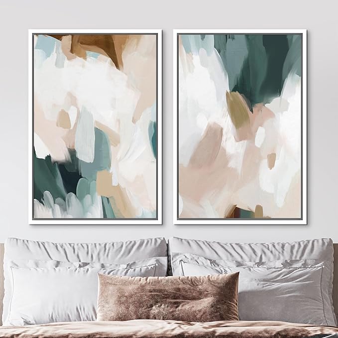 MUDECOR Framed Canvas Print Wall Art Watercolor Pastel White Blue Pattern Abstract Illustrations Modern Art Decorative Bohemian Colorful Chic for Living Room, Bedroom, Office - 24"x36"x2 White