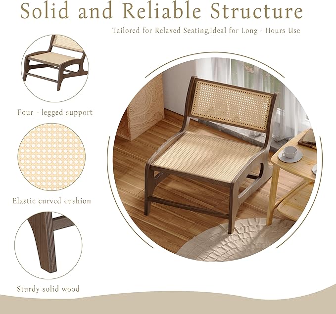 Chogori Mid Century Modern Wooden Lounge Chair Armless Rattan Accent Chair Lightweight Boho Style Seating Comfortable Single Chair for Living Room, Bedroom, or Patio (Walnut, Set of 2)