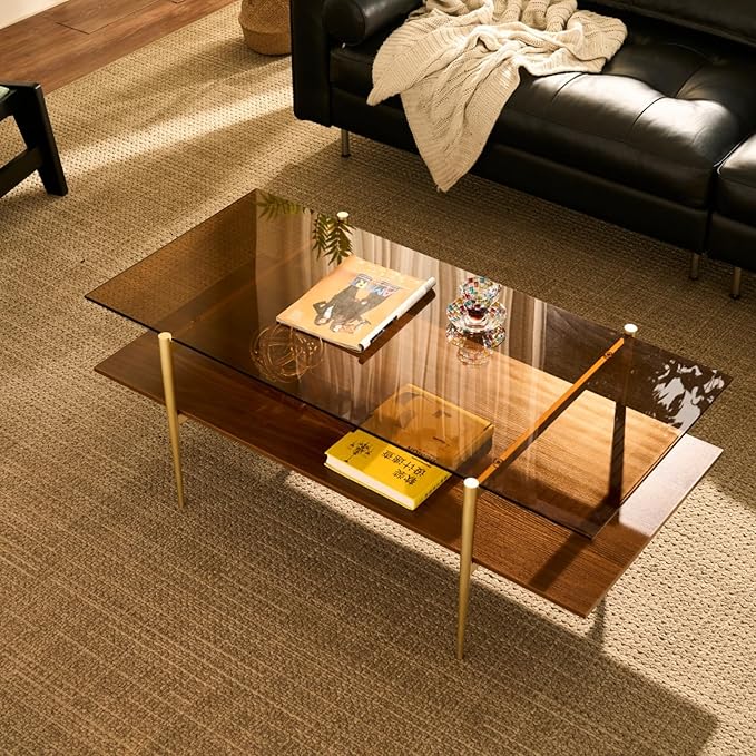 Saint Mossi Tadio X-Large Glass Coffee Table, Double Layer Glass Coffee Table for Living Room, Brown Glass & Coffee Brown MDF Bottom Shelf