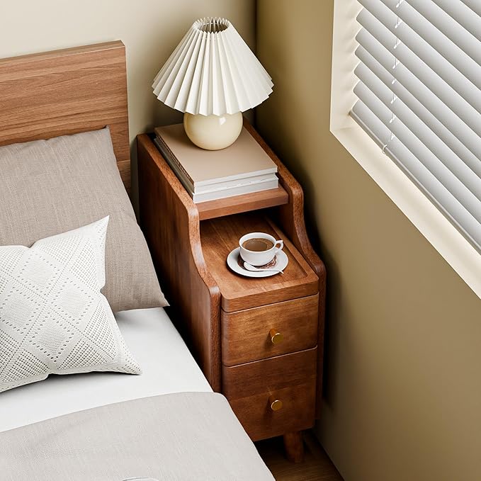 Narrow Nightstand Set of 2, 19.7" H Pre-Assembled Solid Wood Small Skinny Night Stand with Drawers, Open Sliding Shelf, Mid Century Modern Slim Bedside Table for Bedroom, Sofa End Side Table, Walnut