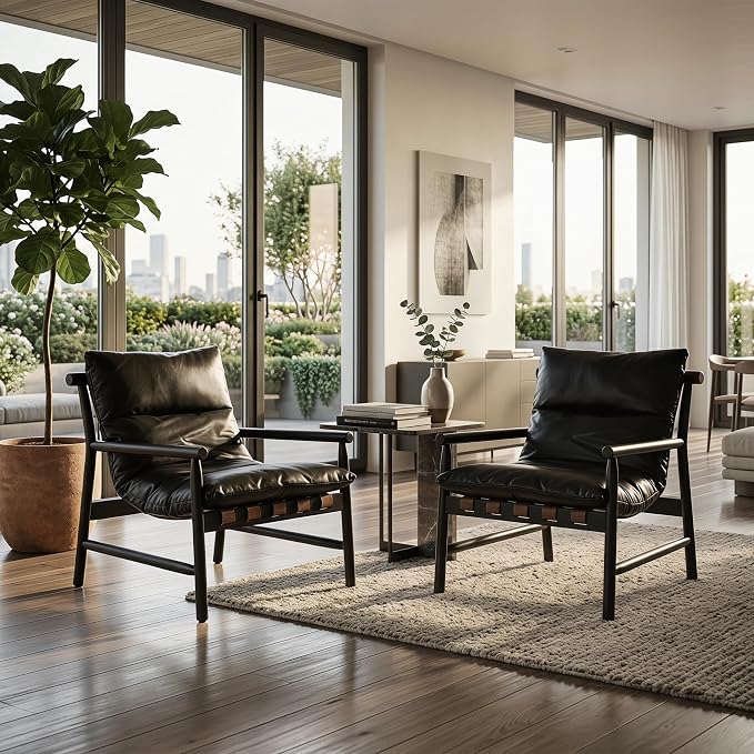 DUOMEI Faux Leather Accent Chair, Mid Century Modern Living Room Chairs with Solid Wood Frame, Upholstered Lounge Reading Chair Comfy Arm Chair Cozy Recliner for Bedroom/Guest Room, Black