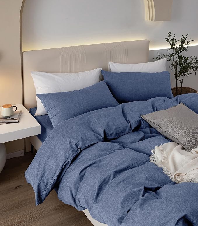 JIYUAN 100% Washed Cotton Duvet Cover Set 3 Pieces Queen, 1 Duvet Cover 90x90 Inches(Comforter Not Included) and 2 Pillowcases,Linen Like Comfy and Breathable,Heathered Blue