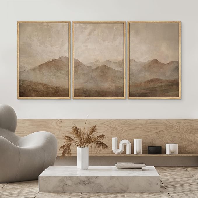 SIGNWIN Framed Canvas Print Wall Art Set Minimal Mountain Landscape Neutral Illustrations Modern Art Decorative Boho Relax/Zen Nordic for Living Room, Bedroom, Office - 24"x36"x3 Natural