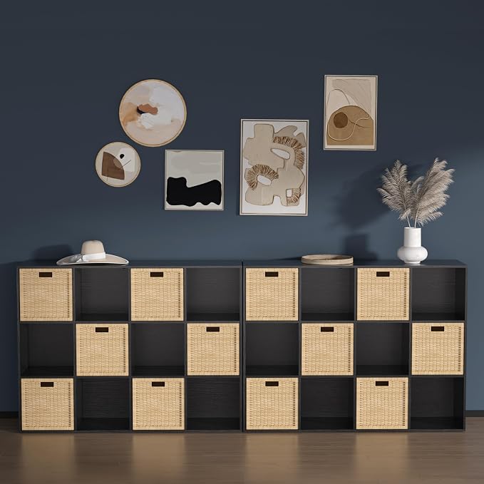 Wooden 12 Cube Storage Organizer with Closed Back Panel,Black Cube Shelf Cubby Storage Organizer with Compartments for Living,Bookshelf, Easy to Install (Black, 12-Cube-11in)