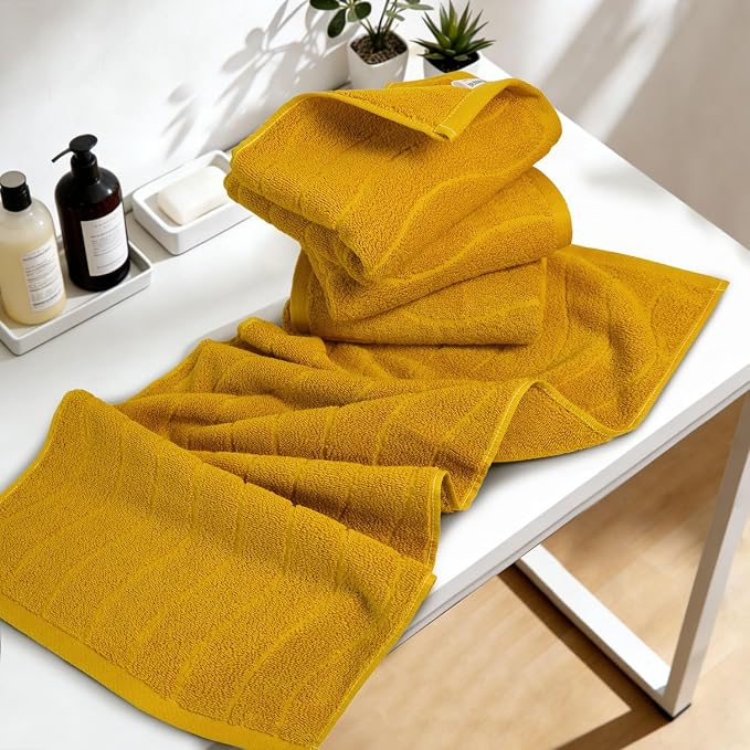 Jacquotha Wavy Striped Cotton Hand Towels, Set of 4, Dry Your Hand Instantly, 13x29 Inches, Mustard Kitchen Bathroom Towel