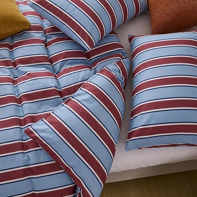 Merryword Burgundy and Blue Striped Duvet Cover Set Queen Size, 100% Cotton Bedding Set with Zipper Closure & 8 Corner Ties, Awning Stripe Bedding, Soft Breathable Comforter Cover for All Seasons