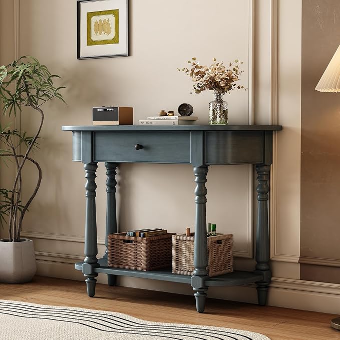 Retro Curved Console Table, 36" Solid Wood Half Moon Console Table Sofa Table Entryway Table with 1 Drawer 1 Open Shelf Roman Legs Curved Corners for Living Room,Entryway,Hallway,Navy