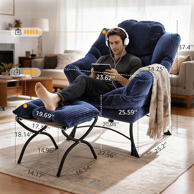 Oversized Lazy Chair with Ottoman for Adults, Chair and Ottoman Set Modern Skinny Lounge Chair with Footrest, Wide Reading Chair for Living Room, Comfy Accent Armchair for Small Spaces, Navy Blue