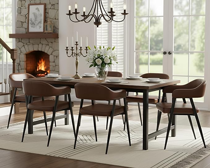 HNY Modern Dining Room Arm Chairs Set of 6, Retro Faux Leather Upholstered Barrel Dining Chairs with Arms Mid-Century Brown Accent Chair with Metal Legs, Open-Back Kitchen Side Chair for Living Room