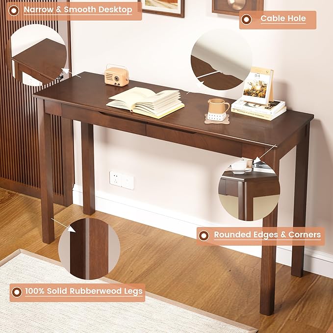 100% Solid Wooden Desk with Drawers - 47 x 16 Inch Mid Century Narrow Desk, Vintage Writing Desks with Drawers, Simple Work Study Table, Small Desks for Small Spaces, Walnut Color