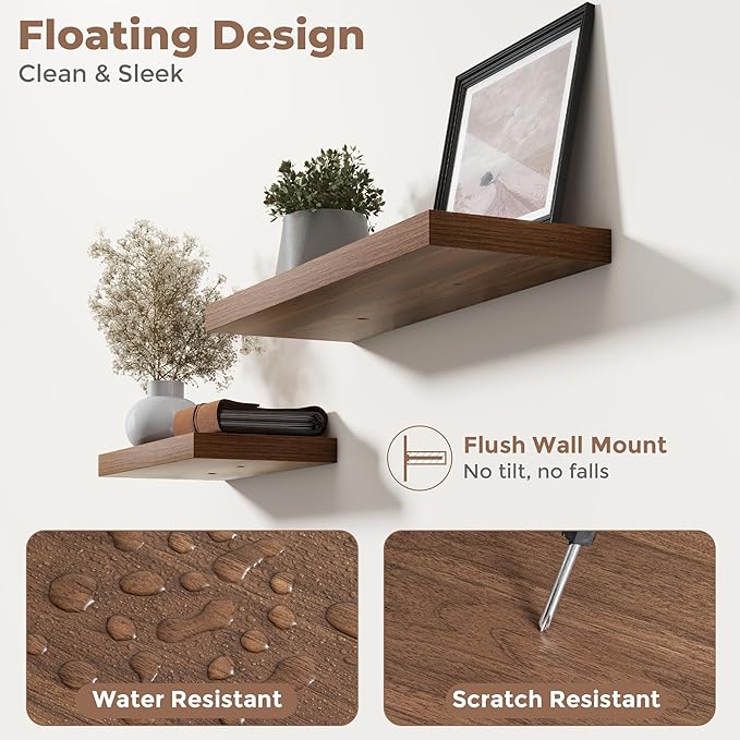 Floating Shelves for Wall with Invisible Brackets, Wall Mounted Engineered Wood Shelves with Wood Grain for Living Room, Bedroom, Bathroom, Kitchen Decor and Storage, Oak, 8"L Set of 3, Walnut