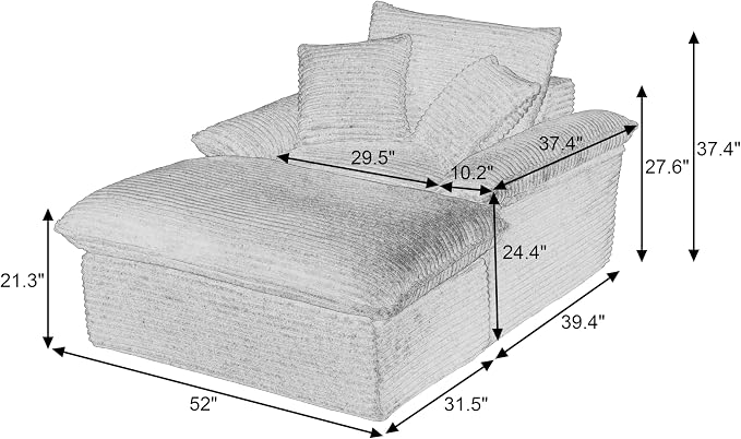 52" Boneless Chaise Lounge – Oversized Chaise Lounge Chair Indoor with Ottoman, Cup Holder & 3 Pillows, Corduroy 3-in-1 Floor Sleeper Chair Bed for Adults, Reading, Napping,Dark Grey