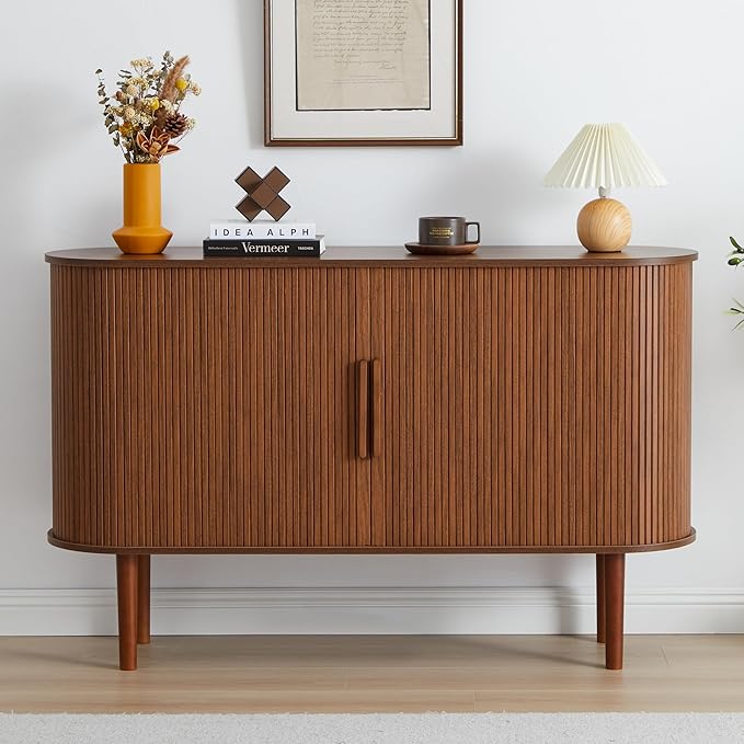 53''Sideboard Buffer Cabinet with Fluted Slide Doors, Modern Credenza Storage Cabinet, Tambour Bar Console Table for Living Dining Room Kitchen Hallway Entryway, Walnut