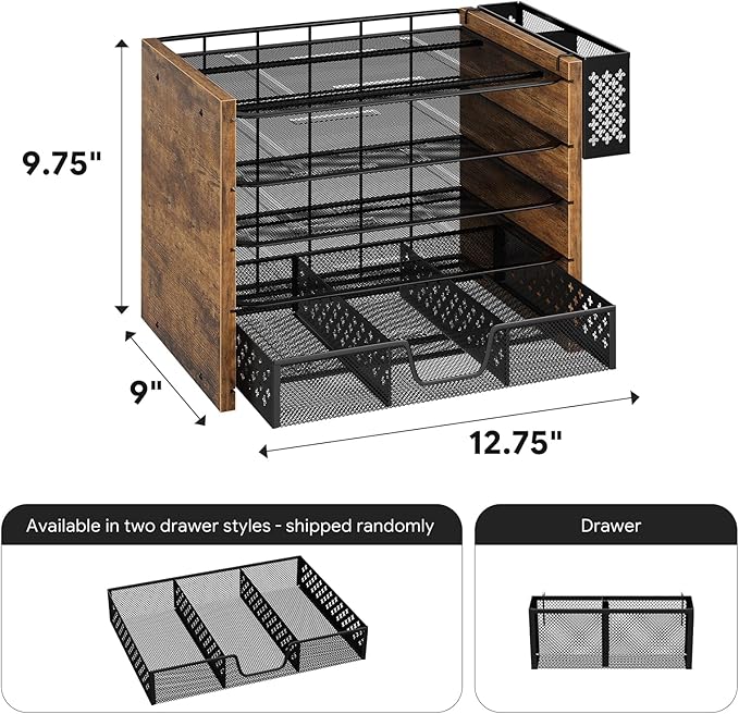 Simple Trending 5-Tier Paper Organizer Letter Tray, Wood Desk Organizers and Accessories with Drawer & Pen Holder for Home Office School