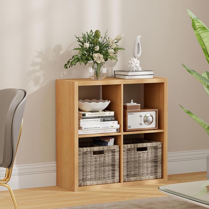 4 Cube Storage Organizer, Cubby Storage Shelf, 2x2 Cube Bookshelf, Wooden Organizer Shelf with Thickened Boards, for Closet Bedroom Home Living Room, 25.12" L x 9.37" W x 25.12" H, Natural-Oak