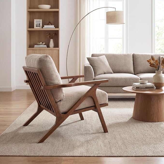 chairus Mid-Century Modern Accent Chairs Set of 2, Comfy Upholstered Lounge Armchairs with Removable Cushions & Solid Wood Frame, Reading Chairs for Living Room Bedroom Office, Beige Denim Fabric
