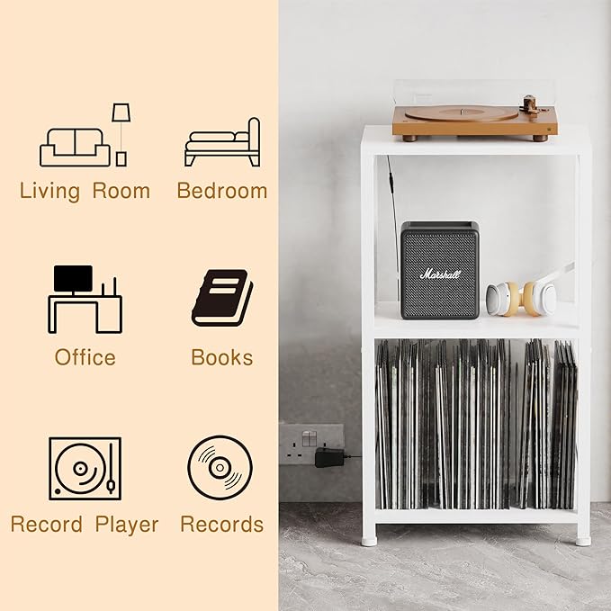 YAKANJ End Table with LED Light,Record Player Stand with Albums Storage,Vinyl Records Storage,Turntable Stand Side Table for Music Room Studio Living Room Bedroom-Rustic White