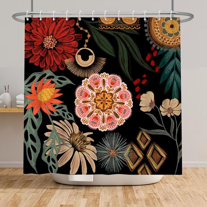 Black Boho Floral Shower Curtain Abstract Botanical Mid Century Modern Bathroom Decor Tropical Flower Shower Curtain with 10 Hooks,60x72 inches