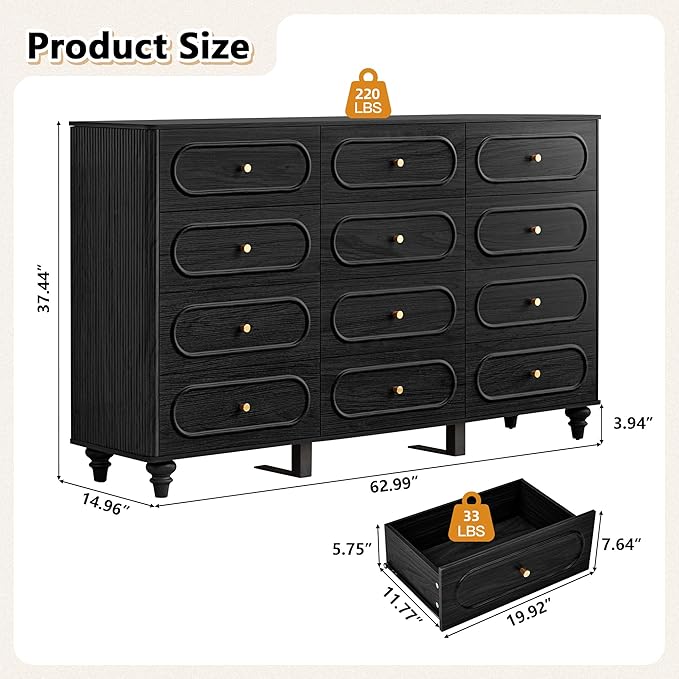 ORRD 12 Drawer Fluted Dresser for Bedroom, Mid Century Modern Chest of Drawers, Wood Storage Small Dresser Organizer for Bedroom Living Room Hallway Closet, Black