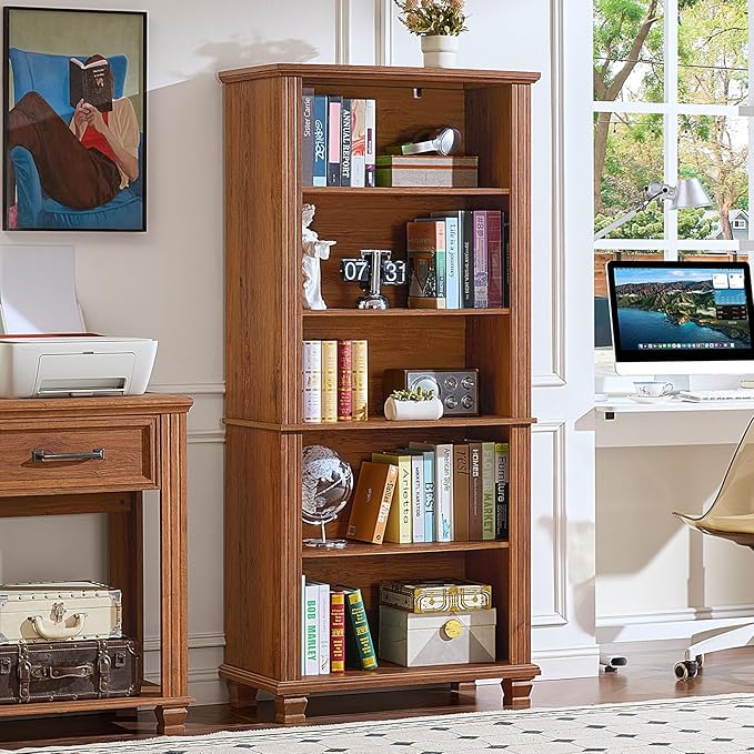 SAVOR LIFE 70" Tall Brown Bookshelf,5 Tier Wooden Book Shelf with Adjustable Shelves & Wood Legs,Free Standing Farmhouse Bookcase with Open Display Storage,Vintage Bookshelves for Classroom, Office