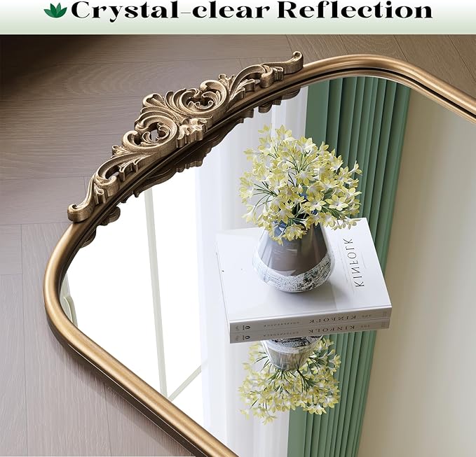 Arched Antique Gold Wall Mirror, 32"x24" Large Vintage Gold Bathroom Wall Mirror Over Sink, Ornate Arch Bronze Mirror for Fireplace, Entryway, Bedroom Over Vantiy, Haning or Leaning