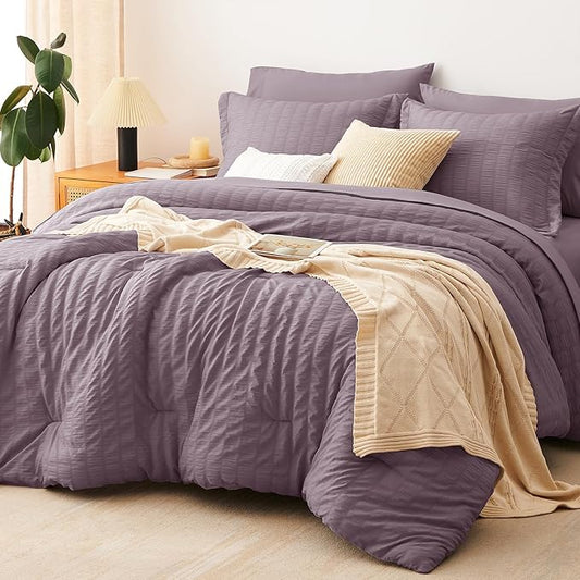 CozyLux King Size Comforter Set Dusty Purple, 7 Pieces Seersucker Textured Bed in a Bag Grayish Purple, All Seasons Bedding Set with Down Alternative Comforter, Sheets, Pillowcases & Shams, Home Gift