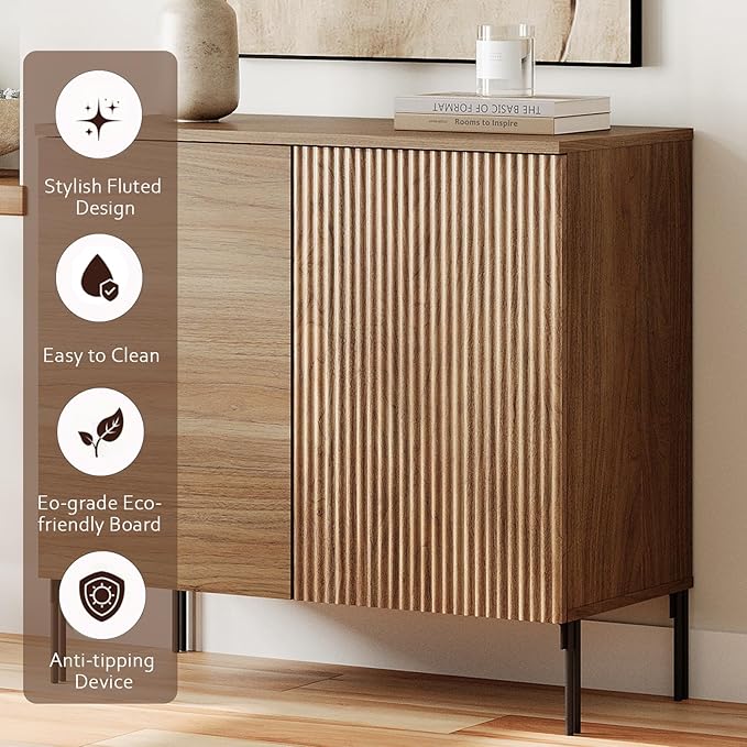 WAMPAT 94.5" Buffet Sideboard Cabinet with 2 Drawers & 6 Doors,4-in-1 Fluted Storage Credenza with Charging Station,Modern Buffet Table Coffee Bar Wine Bar Cabinet for Dining Room, Living Room,Brown