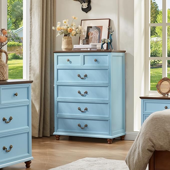Farmhouse 6 Drawer Dresser Set of 2 for Bedroom, 42" Tall Rustic Chests of Drawers w/ 4 Solid Wood Feet, Mid Century Vintage Wooden Closet Storage Dressers Organizer for Living Room,Light Blue