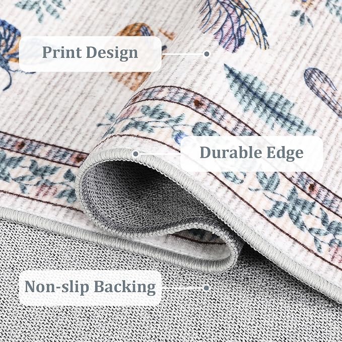 Washable 8x10 Rug for Living Room Vintage Mushroom Floral Accent Carpet Non Shedding Nursery Kids Room Rug Non Slip Soft Bedroom Large Area Rug Low Pile Boho Carpet for Dining Room Apartment, Beige