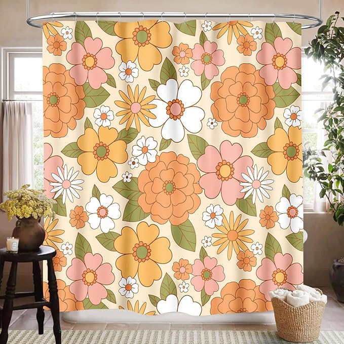70s Shower Curtain for Bathroom,Rustic Hippie 70s Daisy Floral Flower Cute Funky Trippy Groovy Vintage Boho Waterproof Fabric Shower Curtain Set with Hooks, 72"x78"
