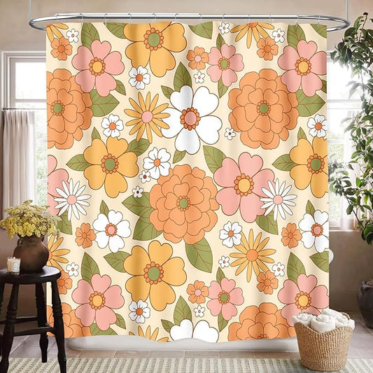 70s Shower Curtain for Bathroom,Rustic Hippie 70s Daisy Floral Flower Cute Funky Trippy Groovy Vintage Boho Waterproof Fabric Shower Curtain Set with Hooks, 72"x72"