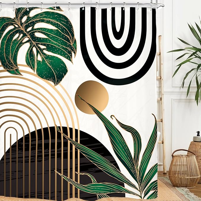 Miyotaa Abstract Emerald Green Shower Curtain Set 71Wx84H Inches Extra Long Minimalist Modern Tropical Leaves Geometric Contemporary Polyester Waterproof Bathroom Curtain with 12 Hooks