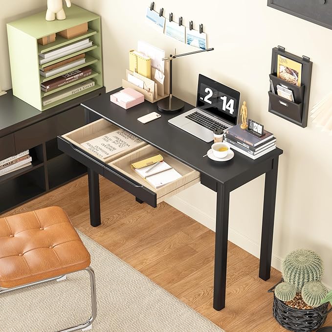 Solid Wood Desk with Drawers - 39 x 16 Inch Simple Narrow Desks, Modern Computer Desks, Rubber Wood Study Table, Small Writing Desk for Bedroom|Small Spaces - Black