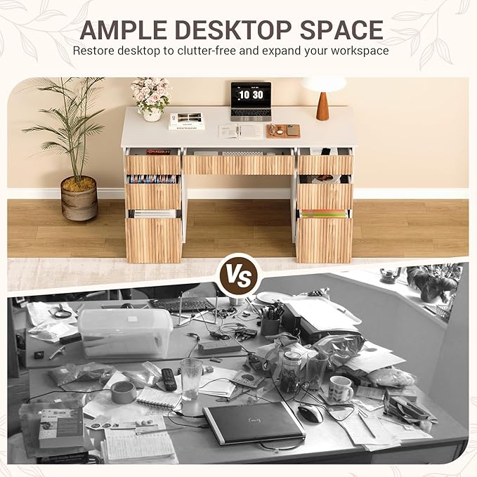 4 EVER WINNER 58 Inch White Desk with Drawers, Home Office Desks with 7 Storage Drawers, Executive Desk with File Cabinet for Bedroom Study Work Table Writing, White and Walnut