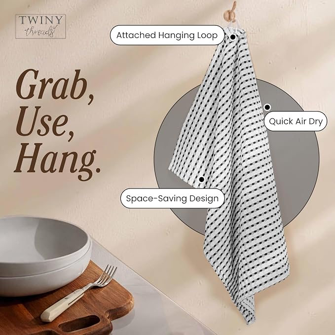 TWINY threads Multi Colors White Waffle Towels 4 Pack, 16x26 Inches Absorbent Waffle Weave Kitchen Dish Cloth Set, Soft, Durable & Machine Washable Tea Towel, Light Grey, Rust, Mustard Yellow, Black
