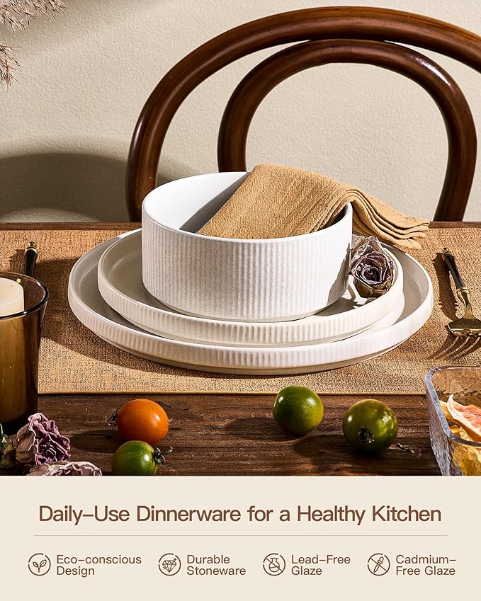8-Piece Ceramic Plates and Bowls Sets for 4, Matte White | Handcrafted reactive glaze stoneware dinnerware. Chip & scratch resistant. Microwave & dishwasher safe. Everyday/formal use.