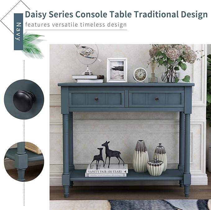 SOFTSEA 35.43” Antique Entry Console Table with Drawers & Bottom Open Shelf, Rustic Entryway Table with Storage, Save Space, Solid Wood Sofa Couch Table for Entryway, Navy