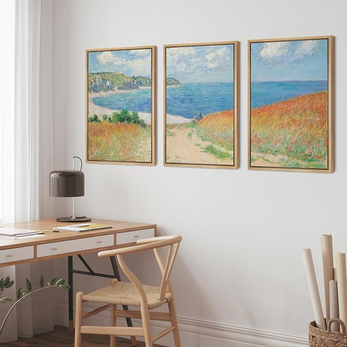wall26 Framed Canvas Print Wall Art Set Path Through The Corn at Pourville by Claude Monet Cultural Historic Oil Painting Fine Art Reproduction for Living Room, Bedroom, Office - 24"x36"x3 Natural