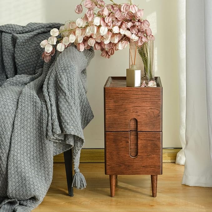 Mid Century Modern Nightstand, Narrow Nightstand, Minimalist Side Table for Bedroom, 2-Drawer Bedside Tables (Walnut, 9.84inches)