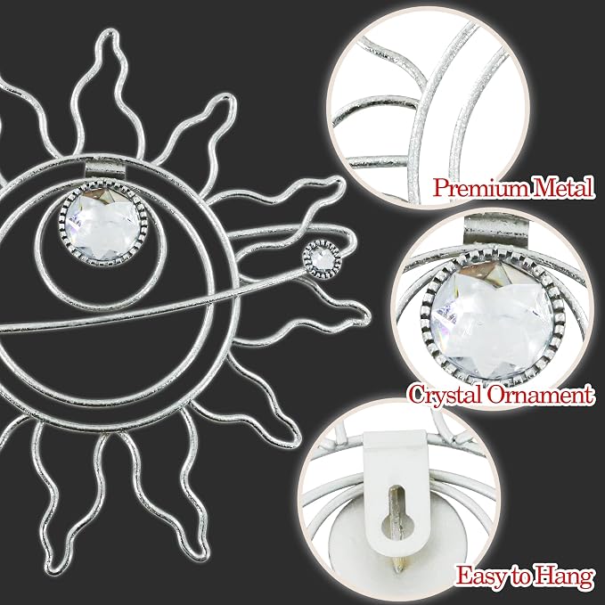 Silver Metal Wall Art, Abstract Sun Moon Star Decor, Modern Line Art Valentine Decorations, Mystical Star Circle Planet Handmade Wall Valentine Decor for Living Room Kitchen Office 9 inch
