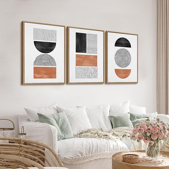 Framed Wall Art Canvas Set Mid Century Boho Pictures Modern Geometric Wall Decor Minimalist Black Brown Bohemian Abstract Painting Artwork for Living Room Bedroom Office 20"x28"x3 Natural