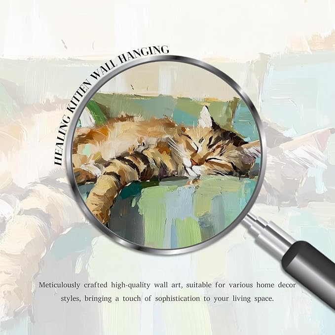Vintage Abstract Cat Canvas Wall Art, Cute Tabby Cat Sleeping on Sofa Poster, Impressionist Oil Painting Style Picture Prints, Modern Funny Wall Decor for Living Room Bedroom Kids Room 16x24in Frame