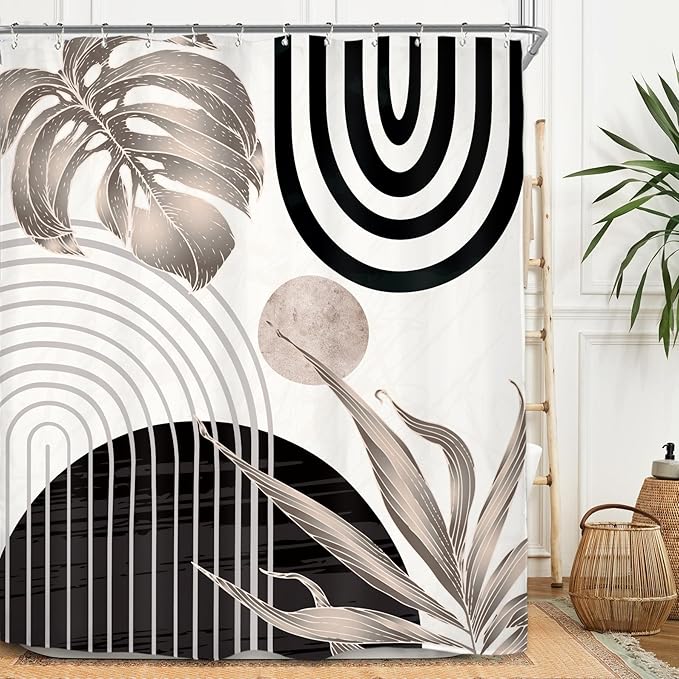 Miyotaa Abstract Black Tan Shower Curtain Set 60Wx71H Inches Modern Plant Geometric Minimalist Aesthetic Mid Century Leaves Contemporary Neutral Waterproof Bathroom Curtain with 12 Hooks