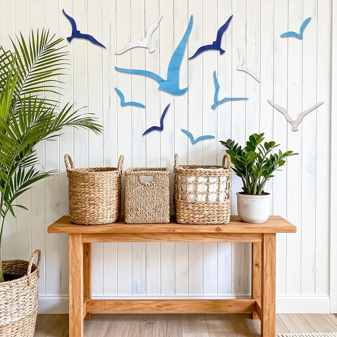 Azefnuhk 11 Pcs Wooden Seagull Wall Decor, Adhesive Sea Bird Sculpture, Coastal Nautical Beach Wall Art, Vintage Ornaments for Home, Bathroom, Living Room, Office (Brown, Blue, White)