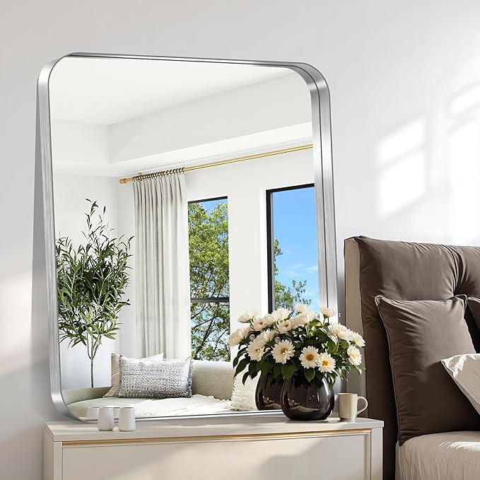 CIRCUMI Silver Bathroom Mirror, 30"x36" Rectangular Mirror with Deep Metal Frame, Rounded Corner, Tempered Glass, Mirror for Wall, Oversink, Bedroom, Installed Vertically/Horizontally, Crystal-Clear
