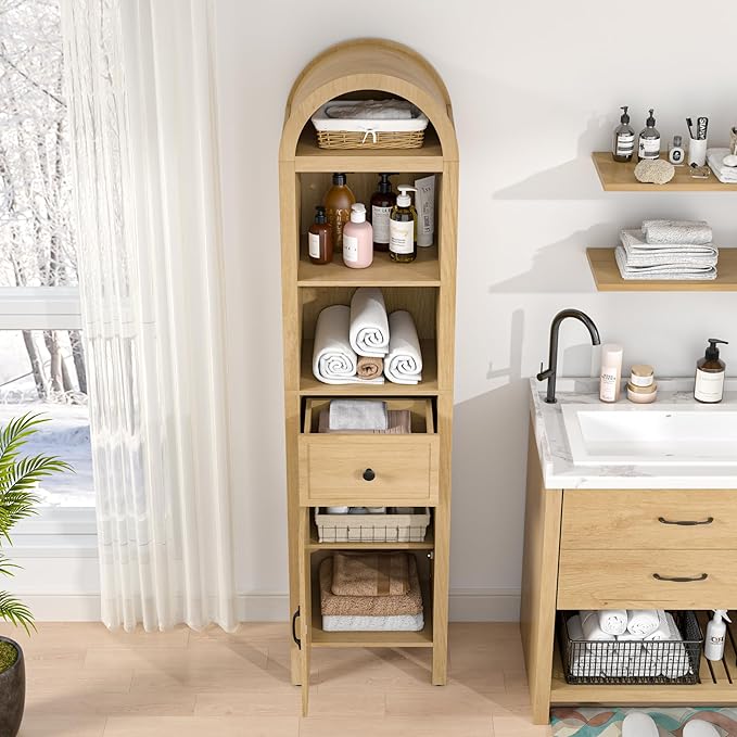 64" Tall Bathroom Storage Cabinet with Adjustable Shelves,Tall Narrow Arched Freestanding Tower Cabinet with Fluted Doors and Drawers,Space Saving Organizer for Bathroom Living Room (Oak)
