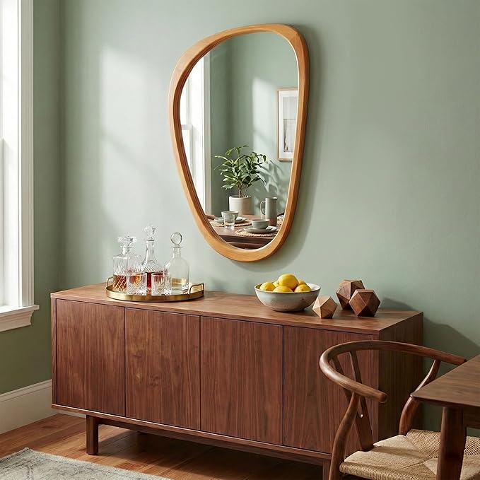 Irregular Asymmetrical Wall Mirror 30"×20" with Solid Wood Frame, Organic Mid-Century Modern Decorative Wall Mirror for Bedroom, Bathroom & Entryway